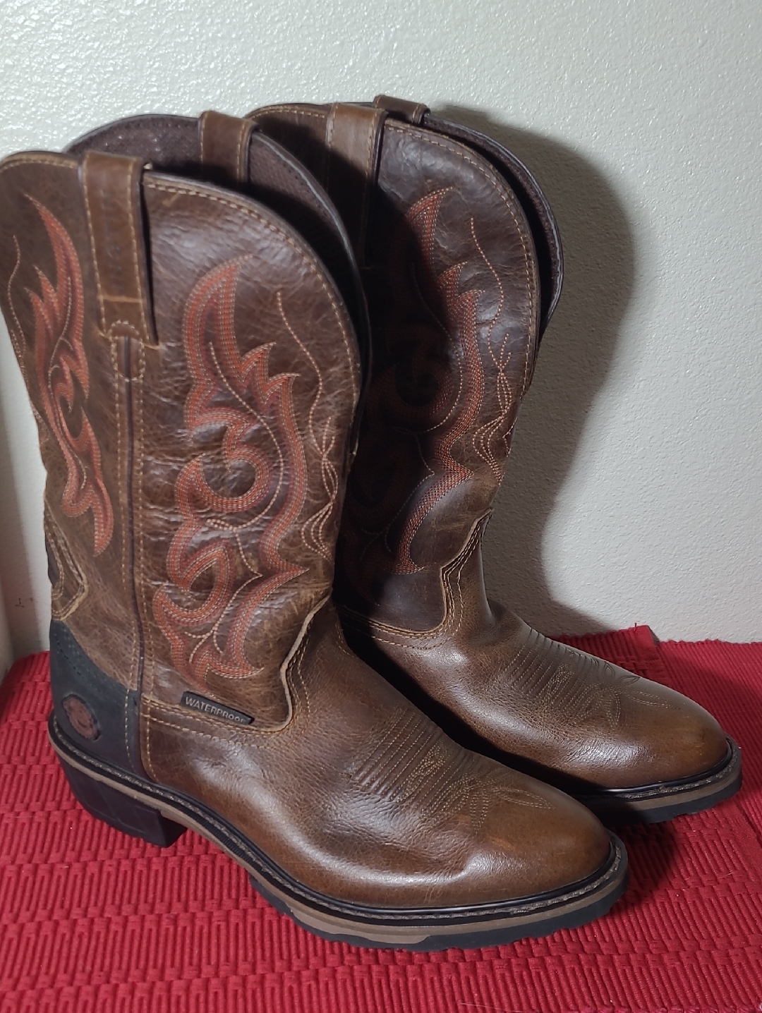 Justin Boots Brown Western Work Boots With Red Stitching, Waterproof